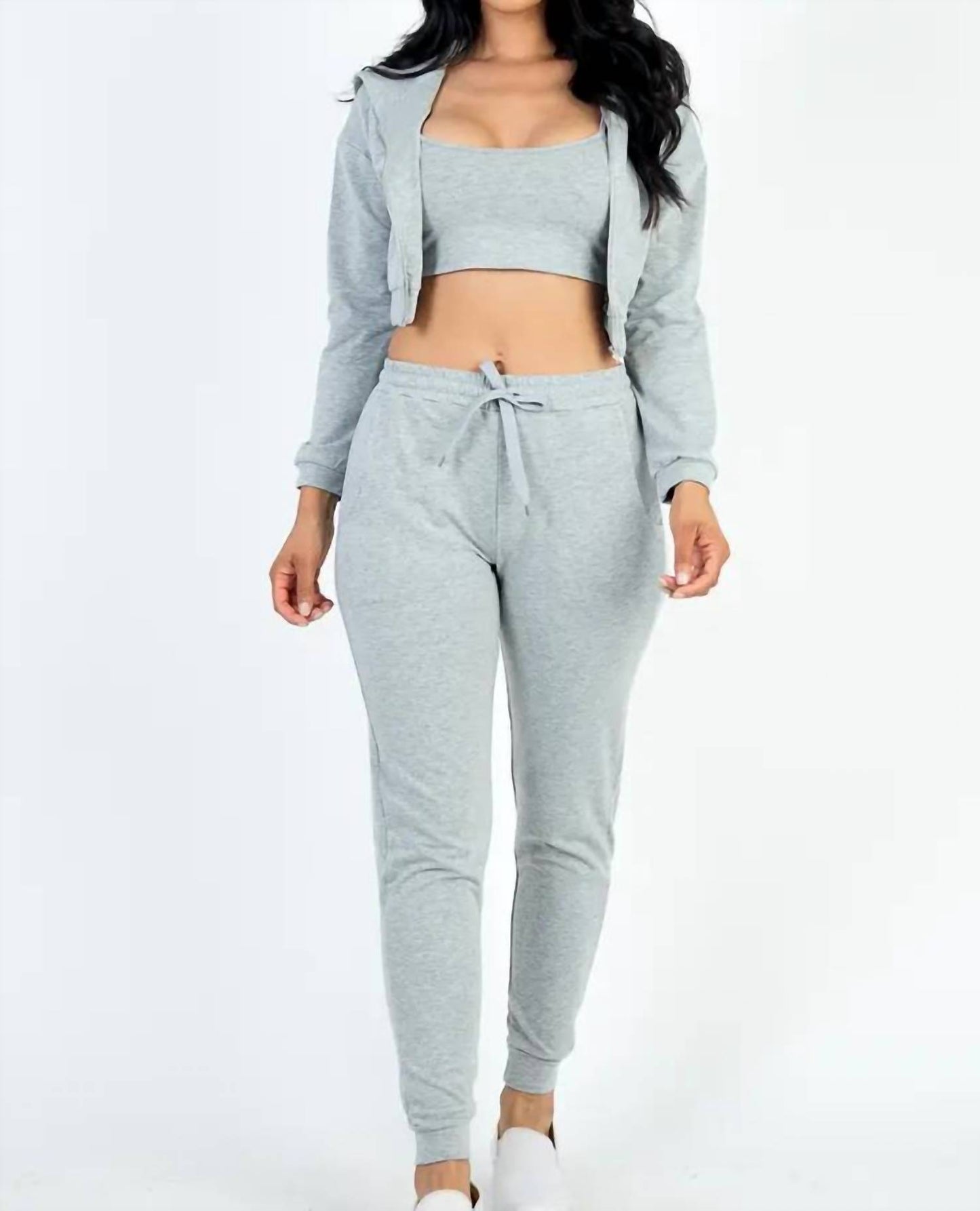 Cropped Cami With Zip-up Hoodie And Joggers Set