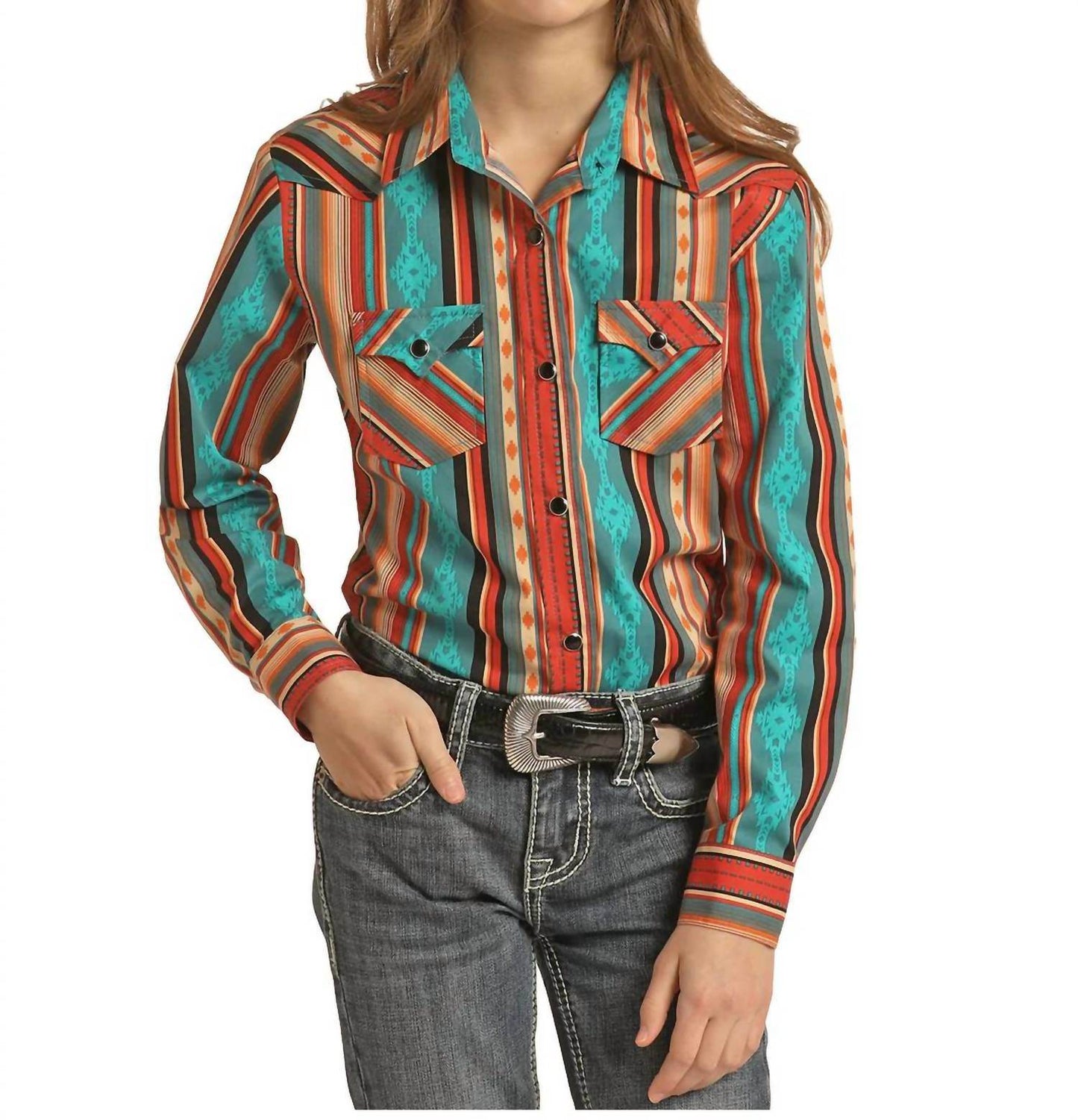 Rock & Roll Cowgirl - Girls Geo Stripe Western Snap Shirt - Rack Hunt