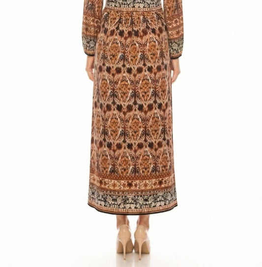 Ikat Border Print Long-sleeve Maxi Dress