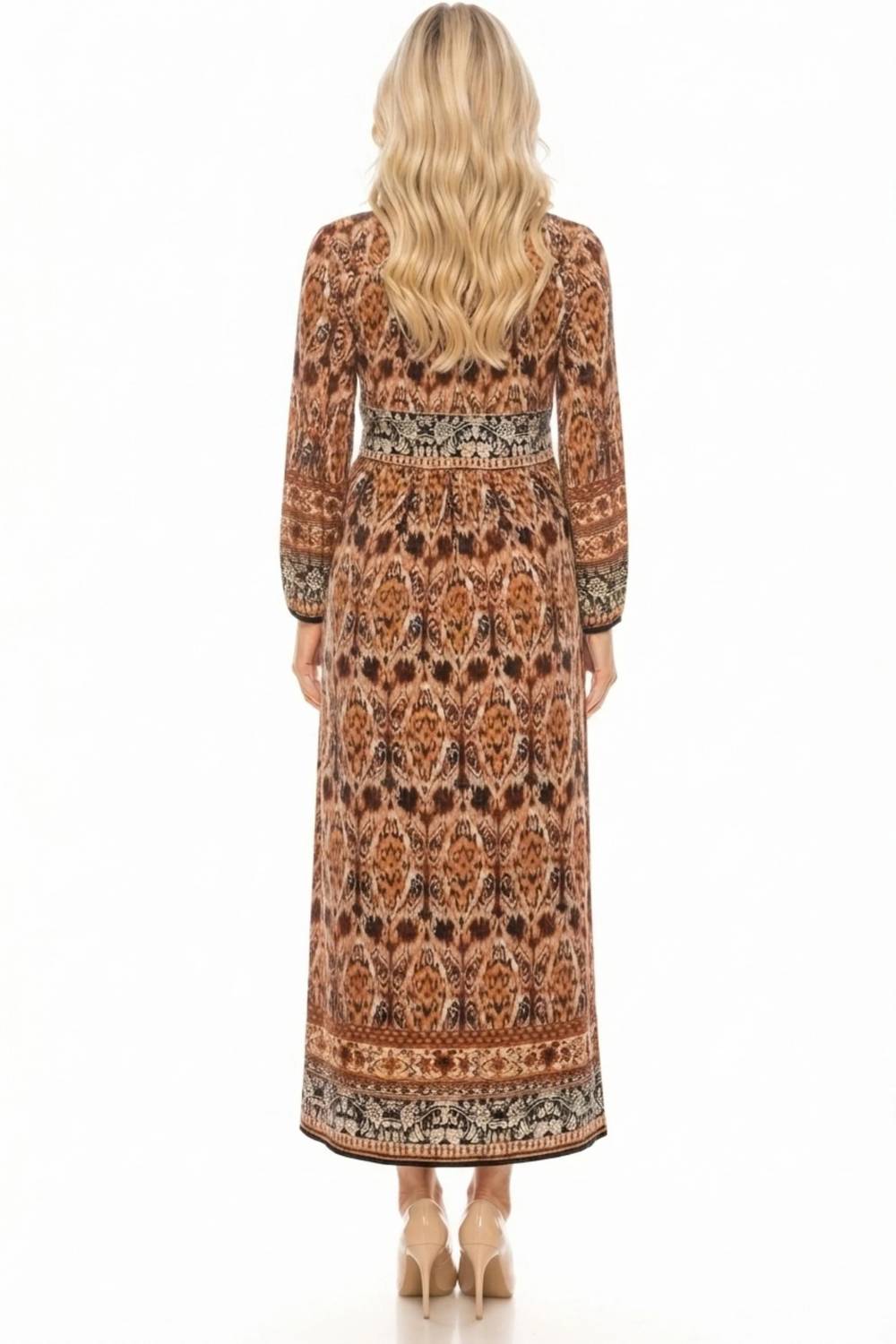 Ikat Border Print Long-sleeve Maxi Dress