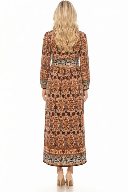 Ikat Border Print Long-sleeve Maxi Dress
