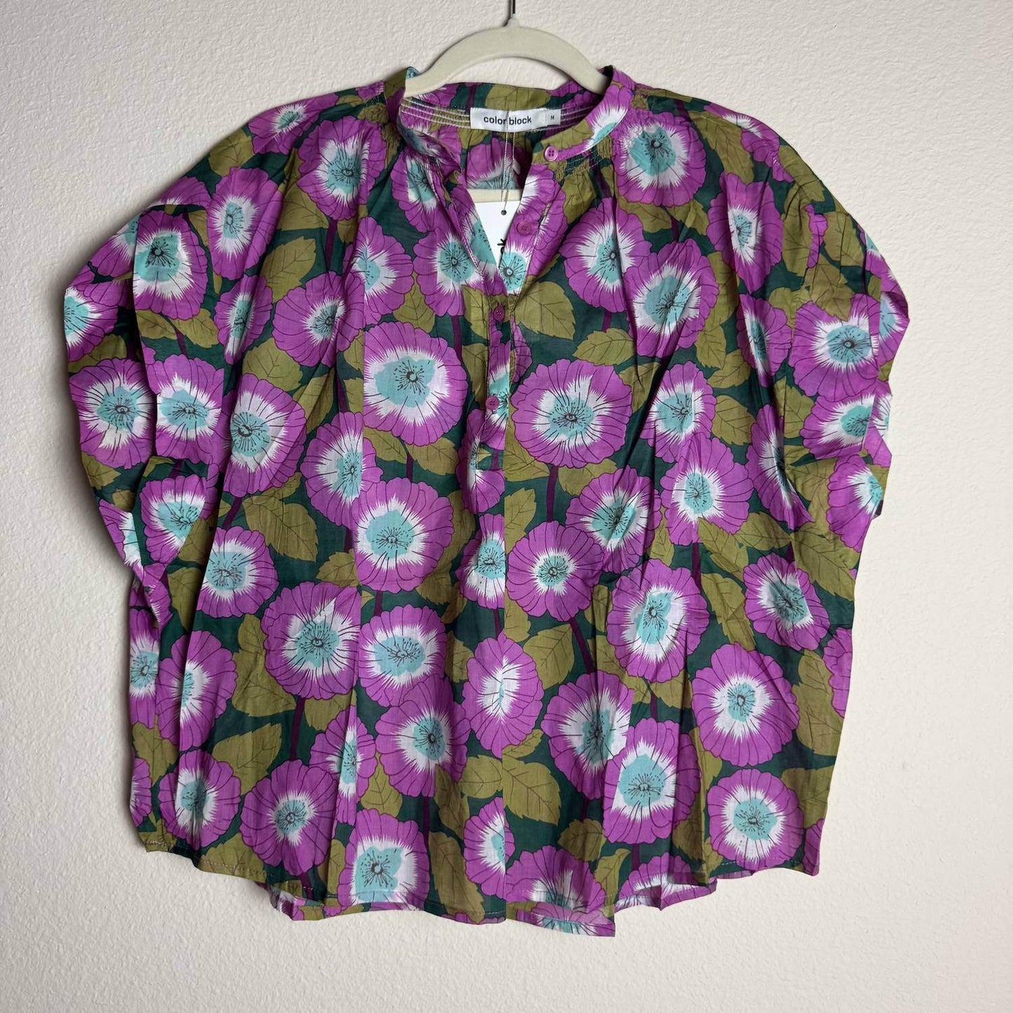 Colorblock - Floral Sleeveless Quarter Button Front Blouse - Rack Hunt -