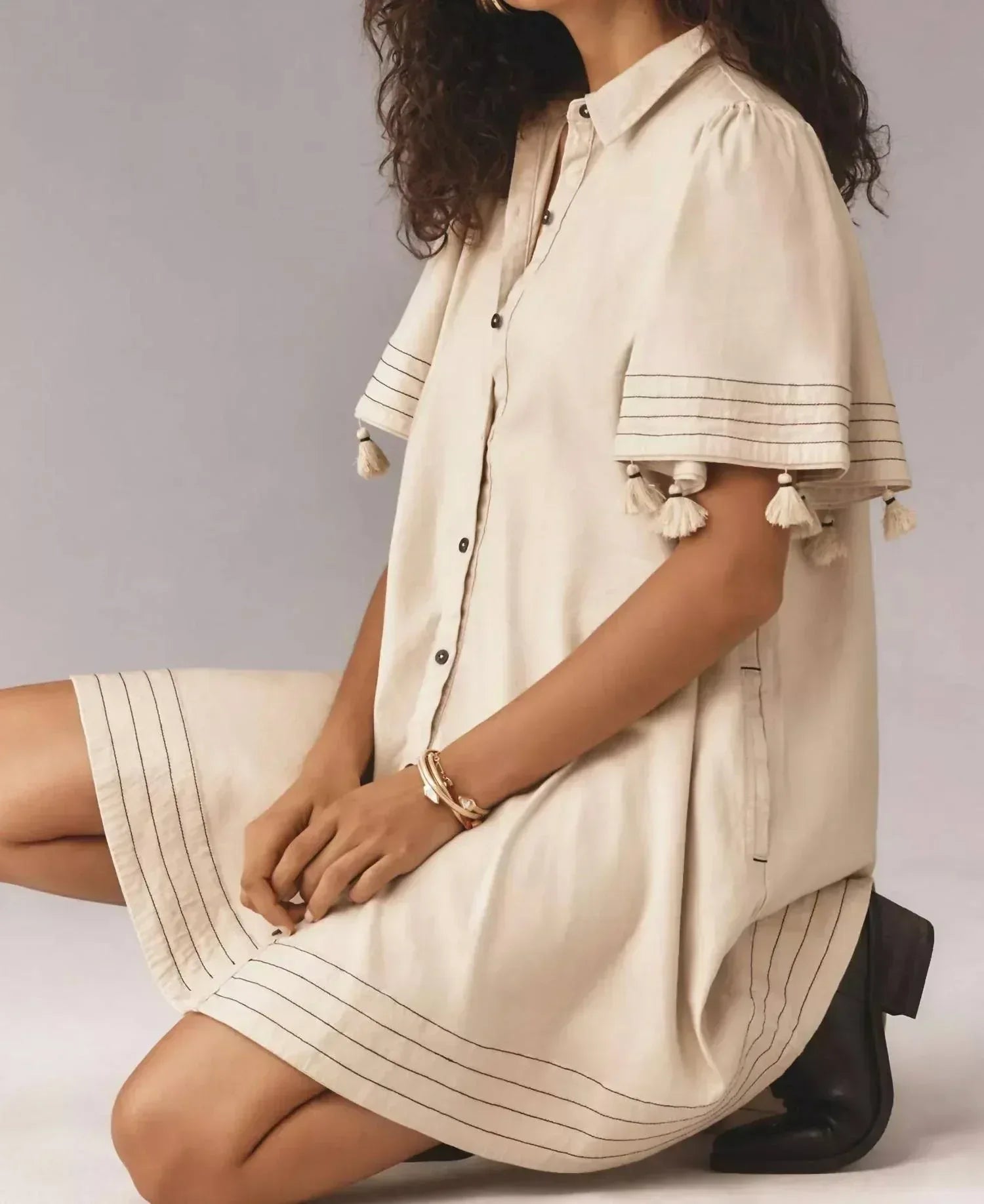 Maeve - Collared Linen Blend Button-front Tassel Mini Dress - Rack Hunt