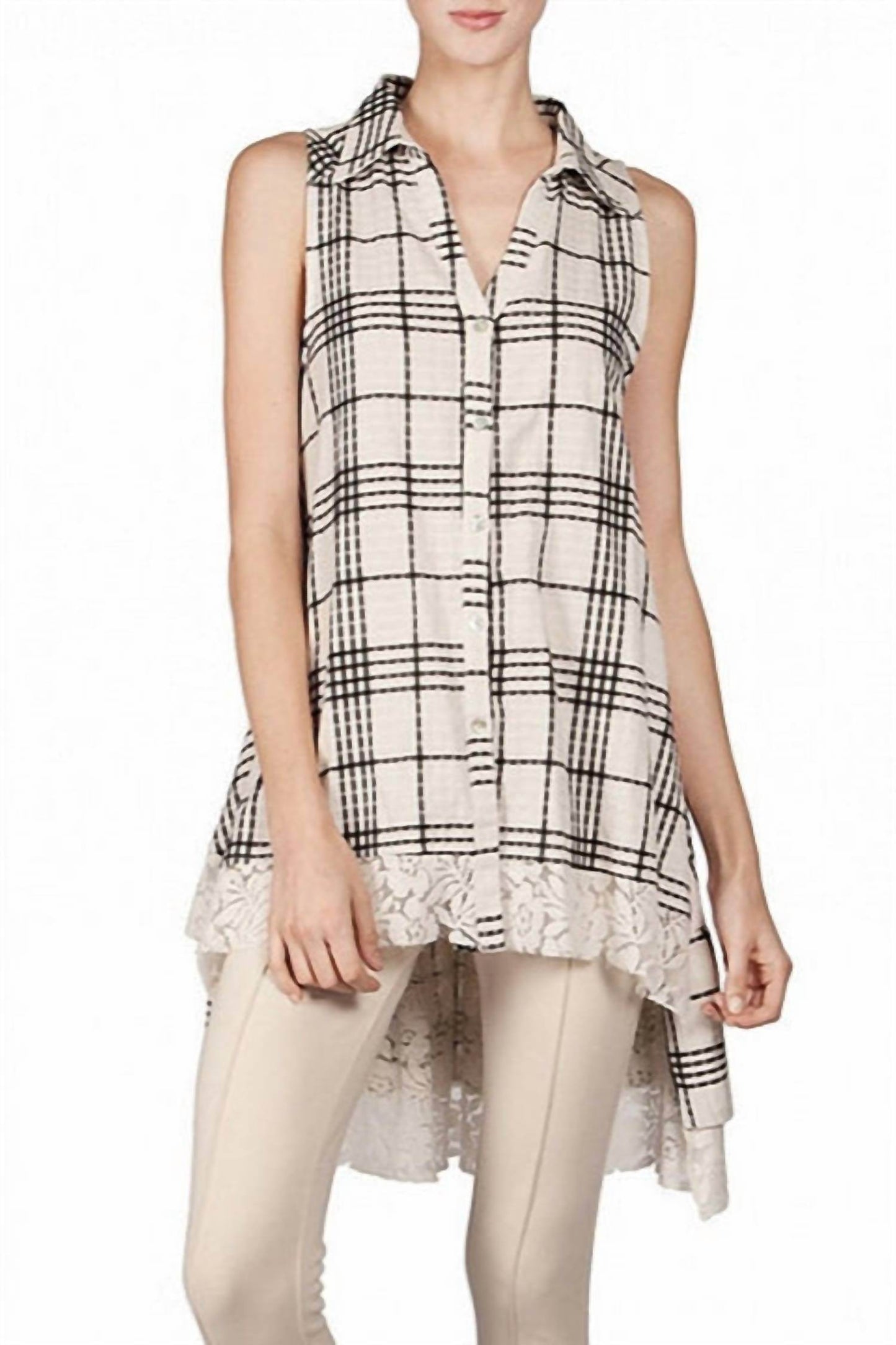 A'REVE - A'Reve Checkered Plaid Shirt Hi Lo - Ivory - Rack Hunt -