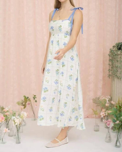 Floral Tile Pattern Scalloped Tie Strap Midi Dress