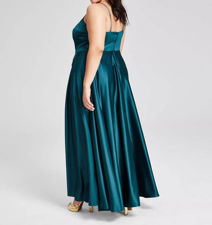 Plus Size Satin Sleeveless Front-slit Gown