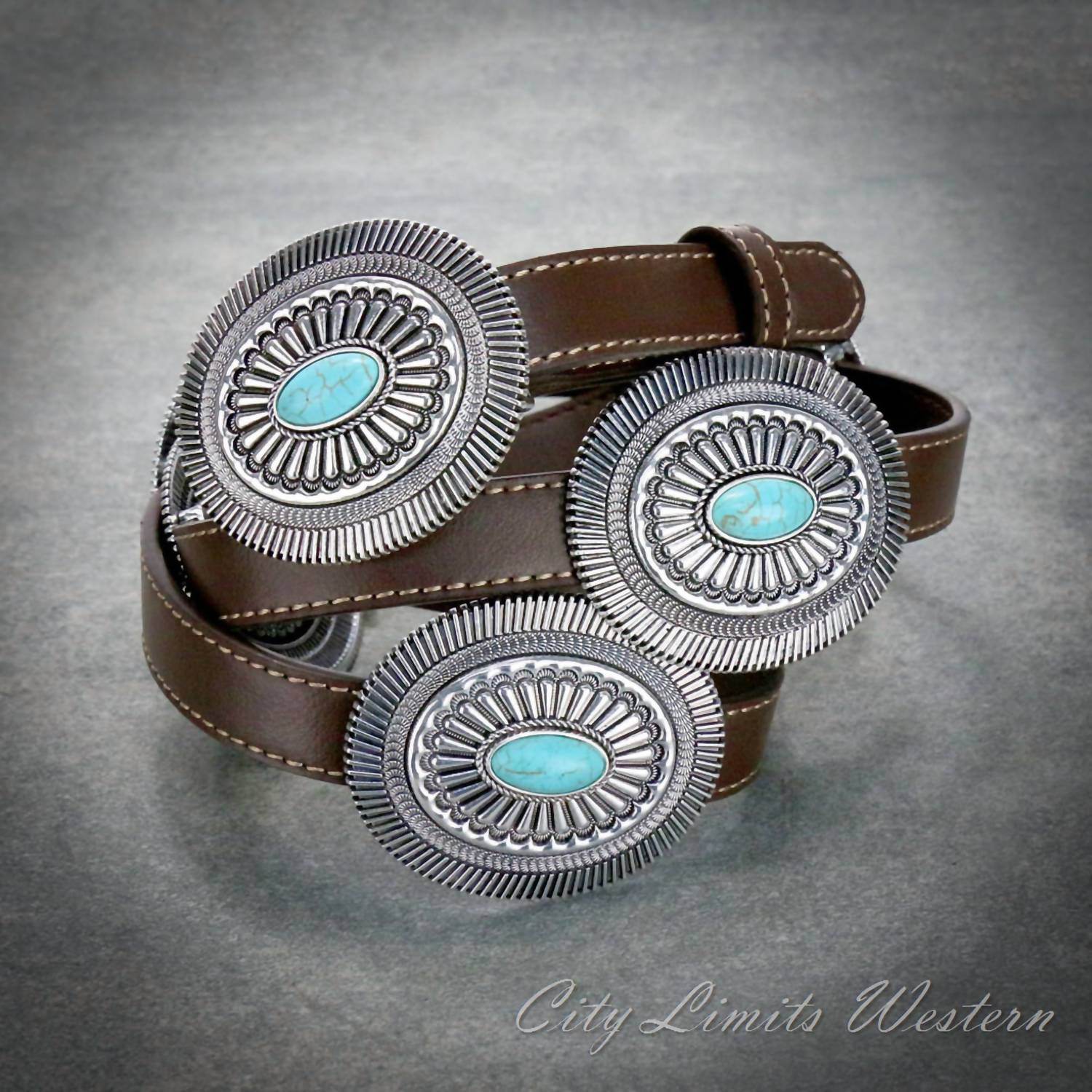 Blue Tortoise - Women's Western Concho With Stone Pu Leather Belt L/xl - Rack Hunt -