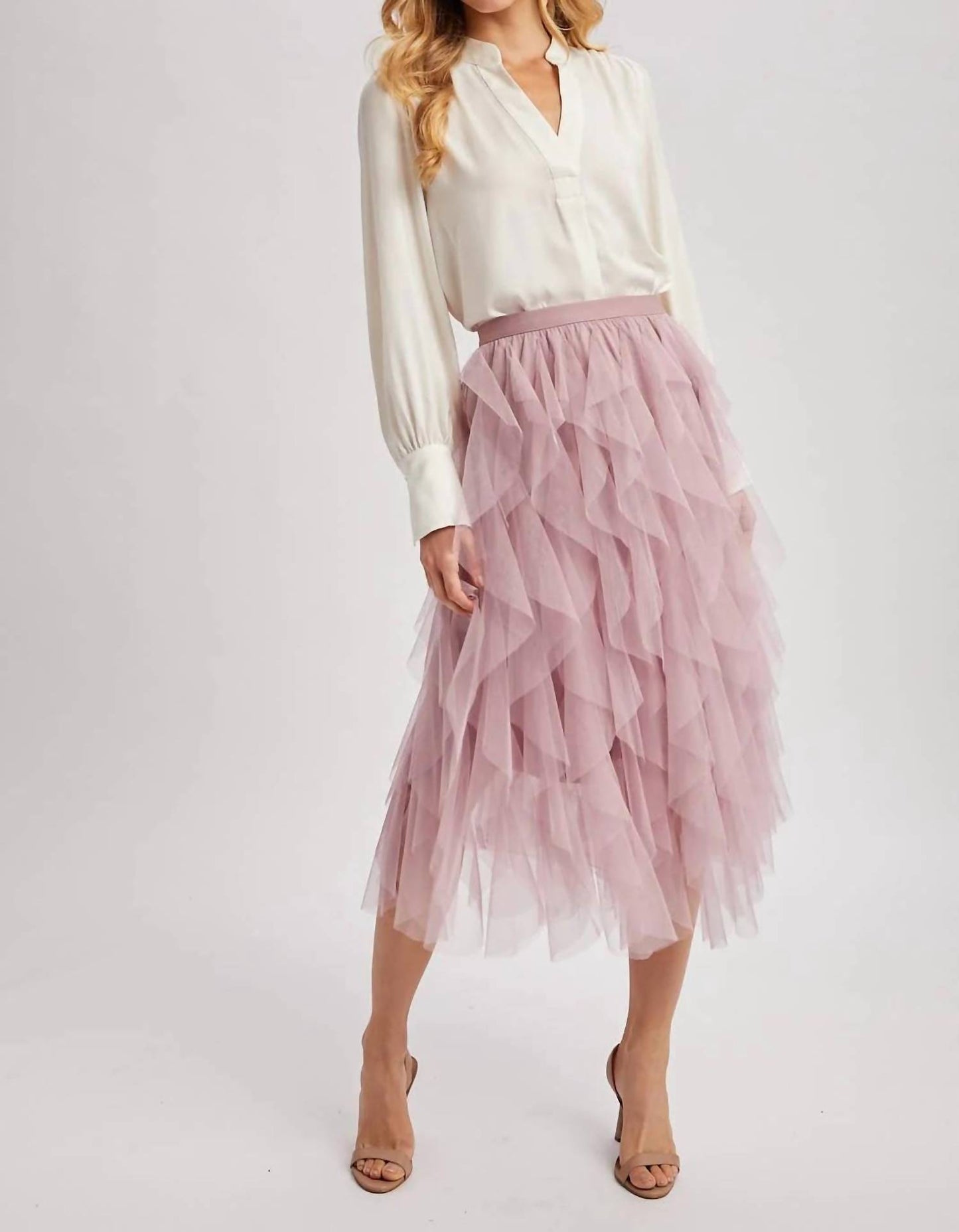 Spiral Ruffled Tulle Midi Skirt