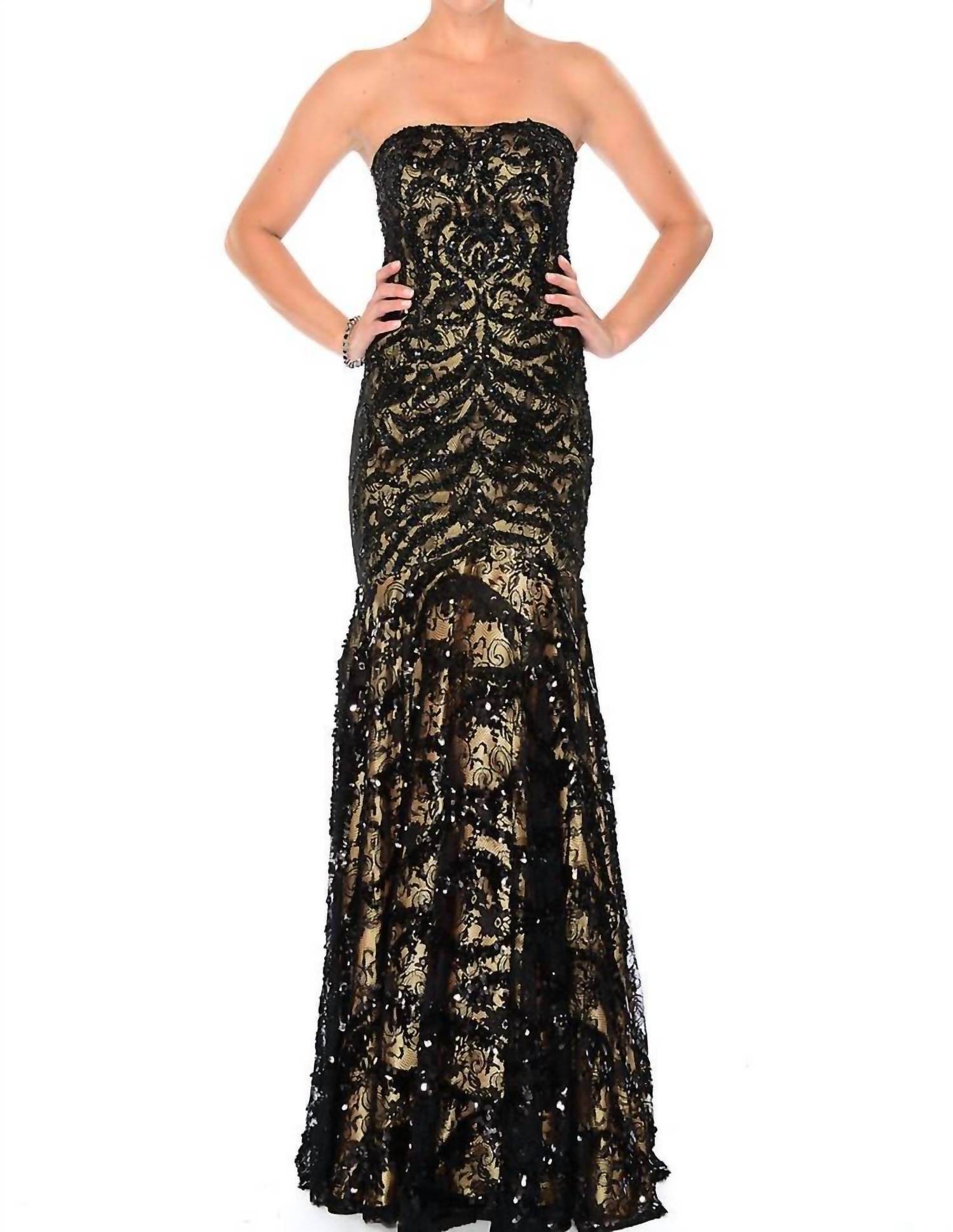 Precious Formals - Lace-and-sequins Overlay Strapless Gown - Rack Hunt -