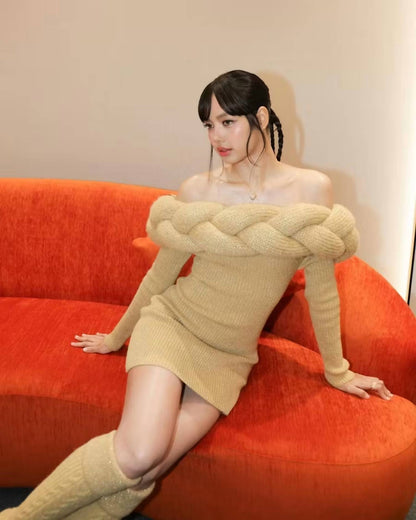 Off-shoulder Braided Knit Dress