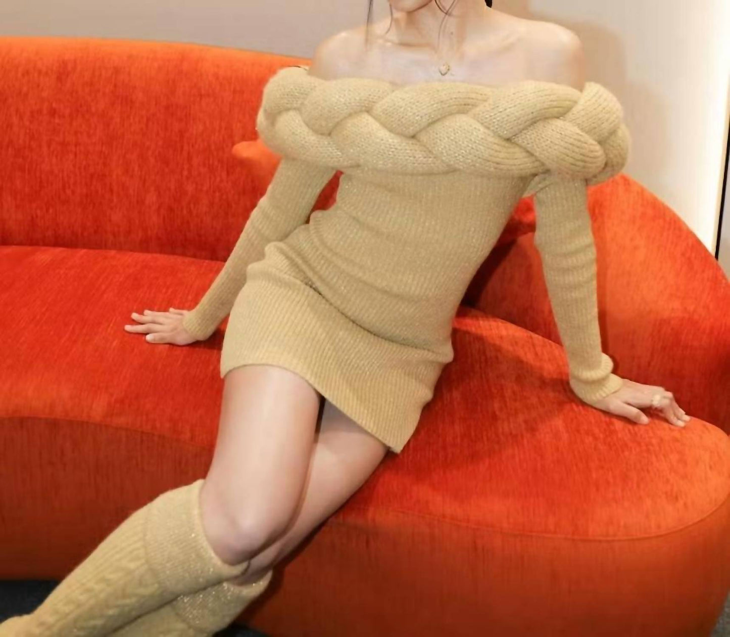 Off-shoulder Braided Knit Dress