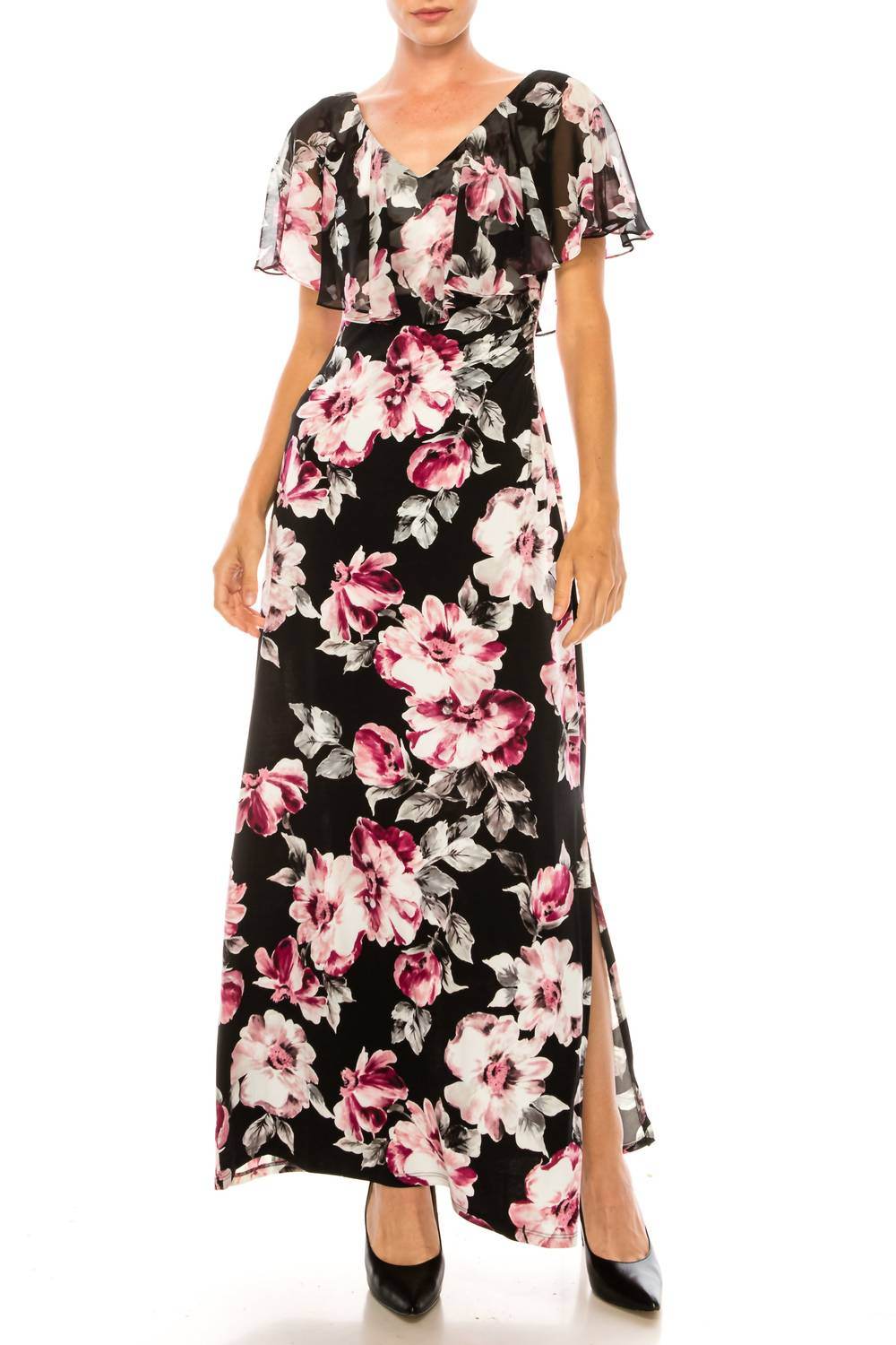 Connected Apparel - Floral Print Chiffon Cape Maxi Dress - Rack Hunt -