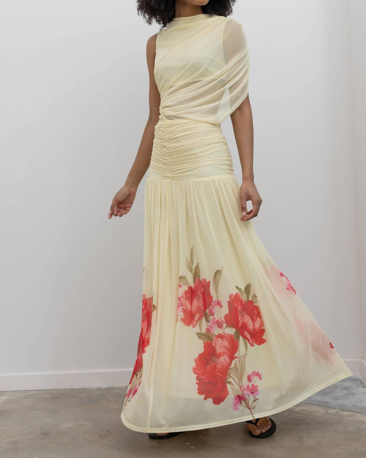 Lemon Floral Hem Draped Maxi Dress