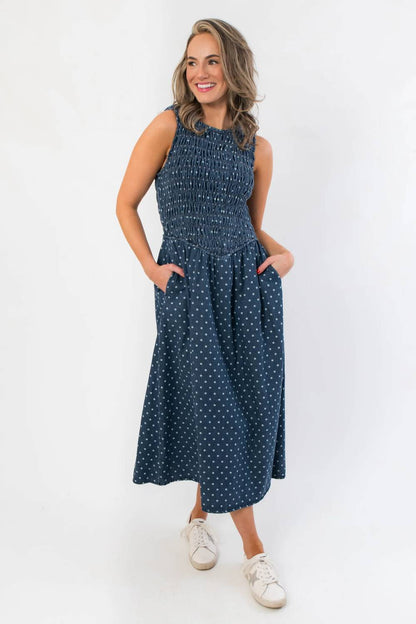 Southern Roots Denim Polka Dot Midi Dress