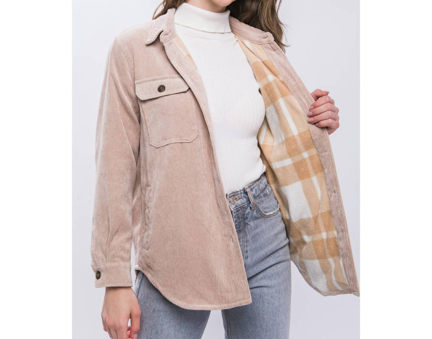 Bonfire Heart Corduroy Shacket with Cozy Plaid Lining