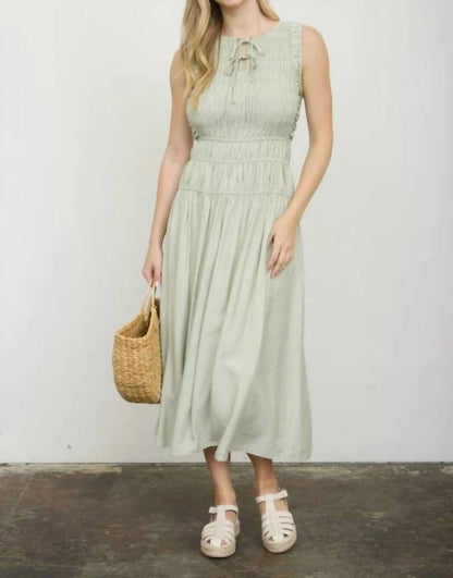 Front Tie Smocked Sleeveless Shirred Midi Dress