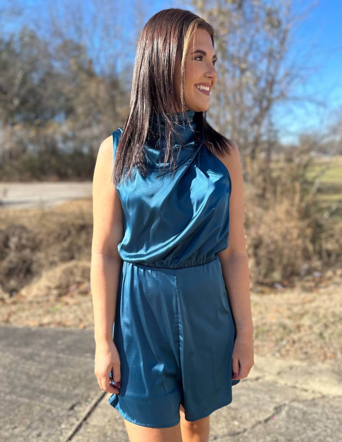 Dresses by Lily - Wrap Me Up Satin Mock Neck Romper - Rack Hunt -