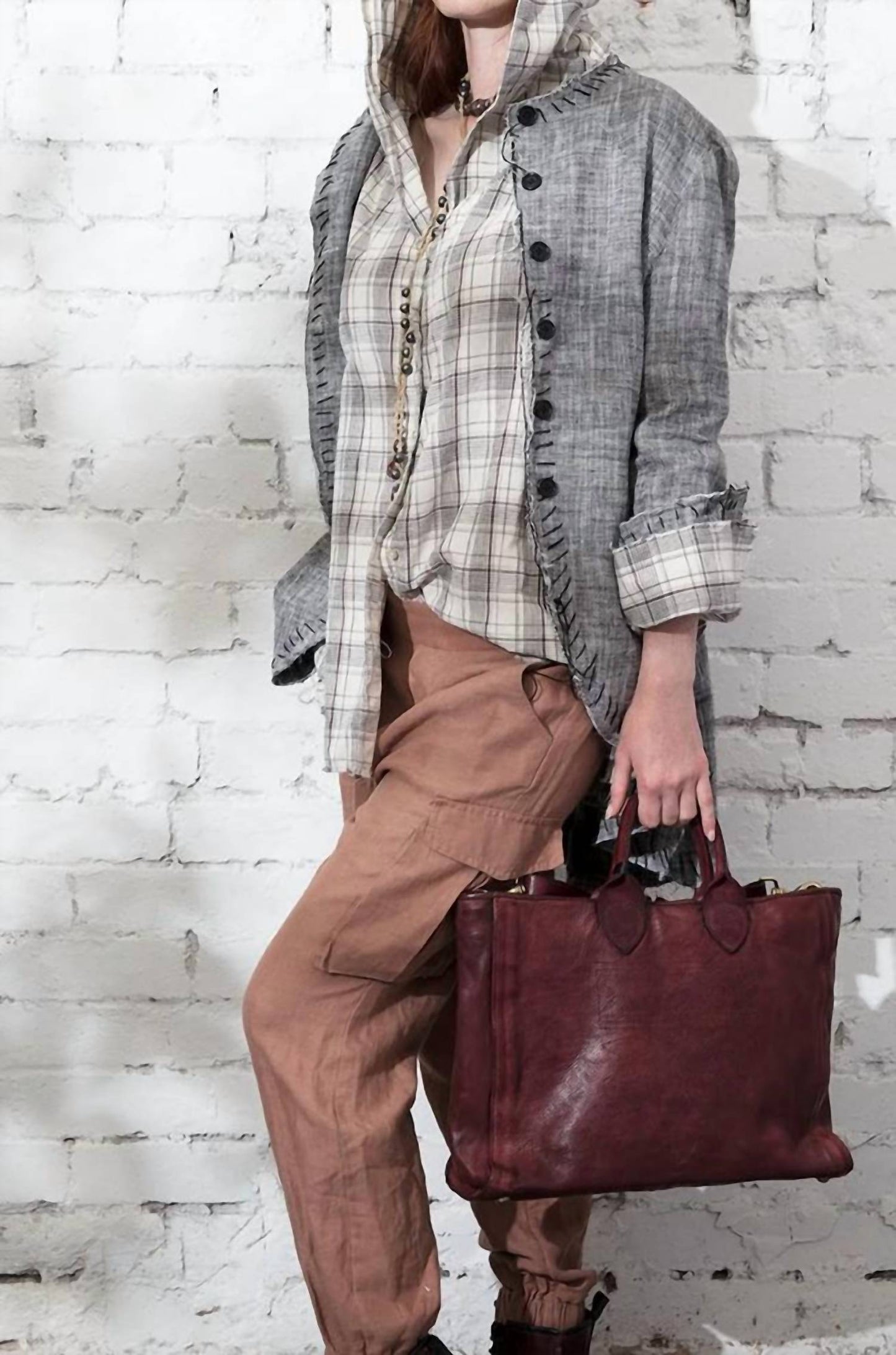 Linen checkered weave Hooded shirt
