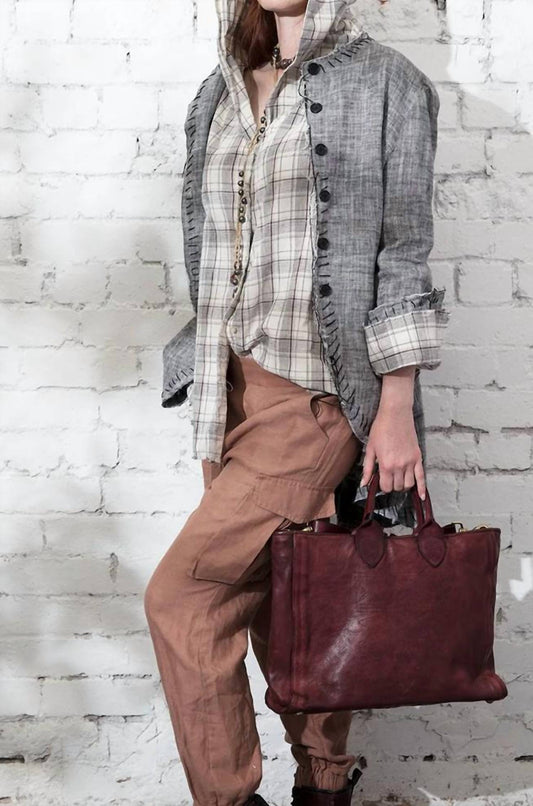 Linen checkered weave Hooded shirt