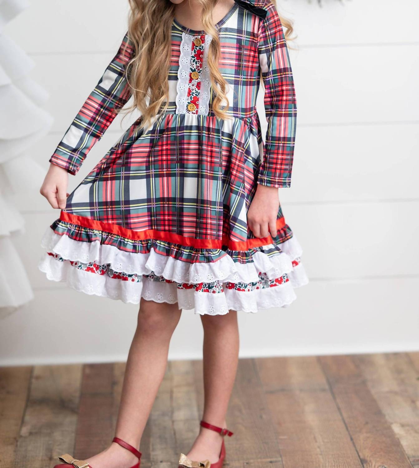 Girl's Holiday Christmas Plaid Lace Ruffle Bow Back Dress