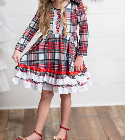 Girl's Holiday Christmas Plaid Lace Ruffle Bow Back Dress