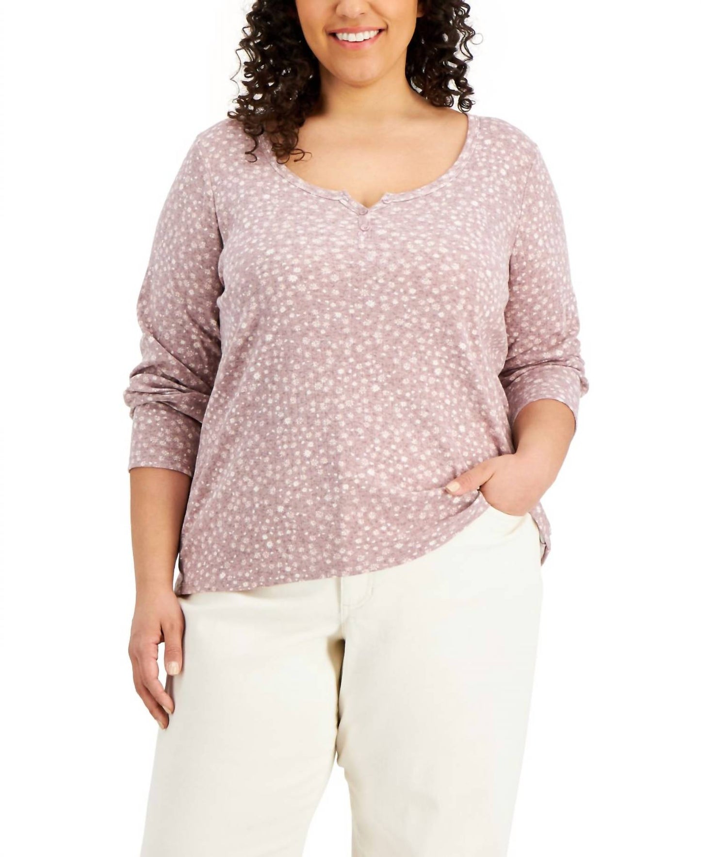 Trendy Plus Size Printed Henley Neck Top