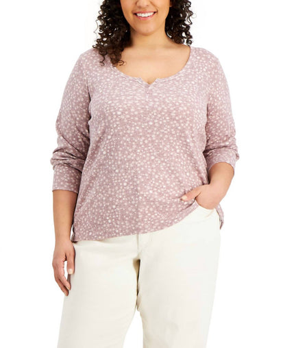 Trendy Plus Size Printed Henley Neck Top