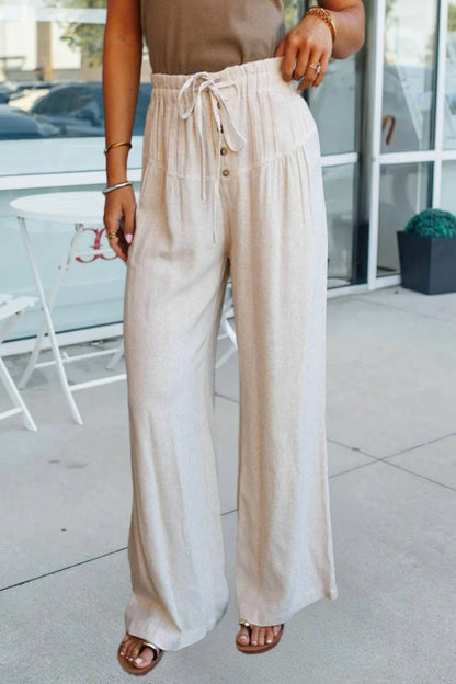 Elastic Waist Button Pleated Detail Wide Leg Pants