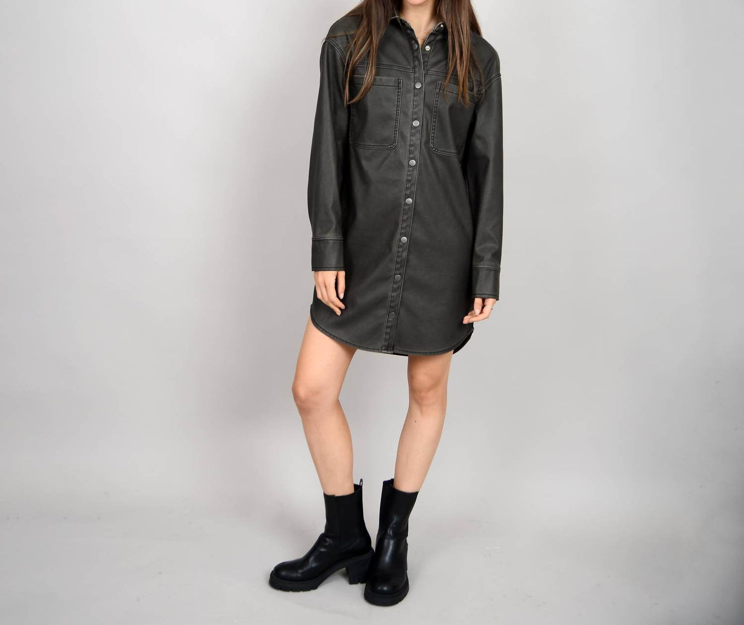 RD International - Aliska Distressed Faux Leather Snap Front Shirt Dress - Rack Hunt -