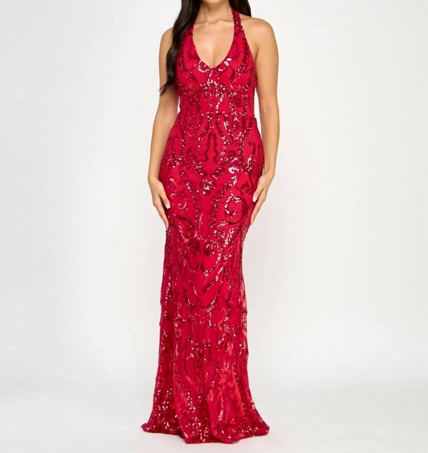 Juniors' Sequined Halter-neck Evening Gown