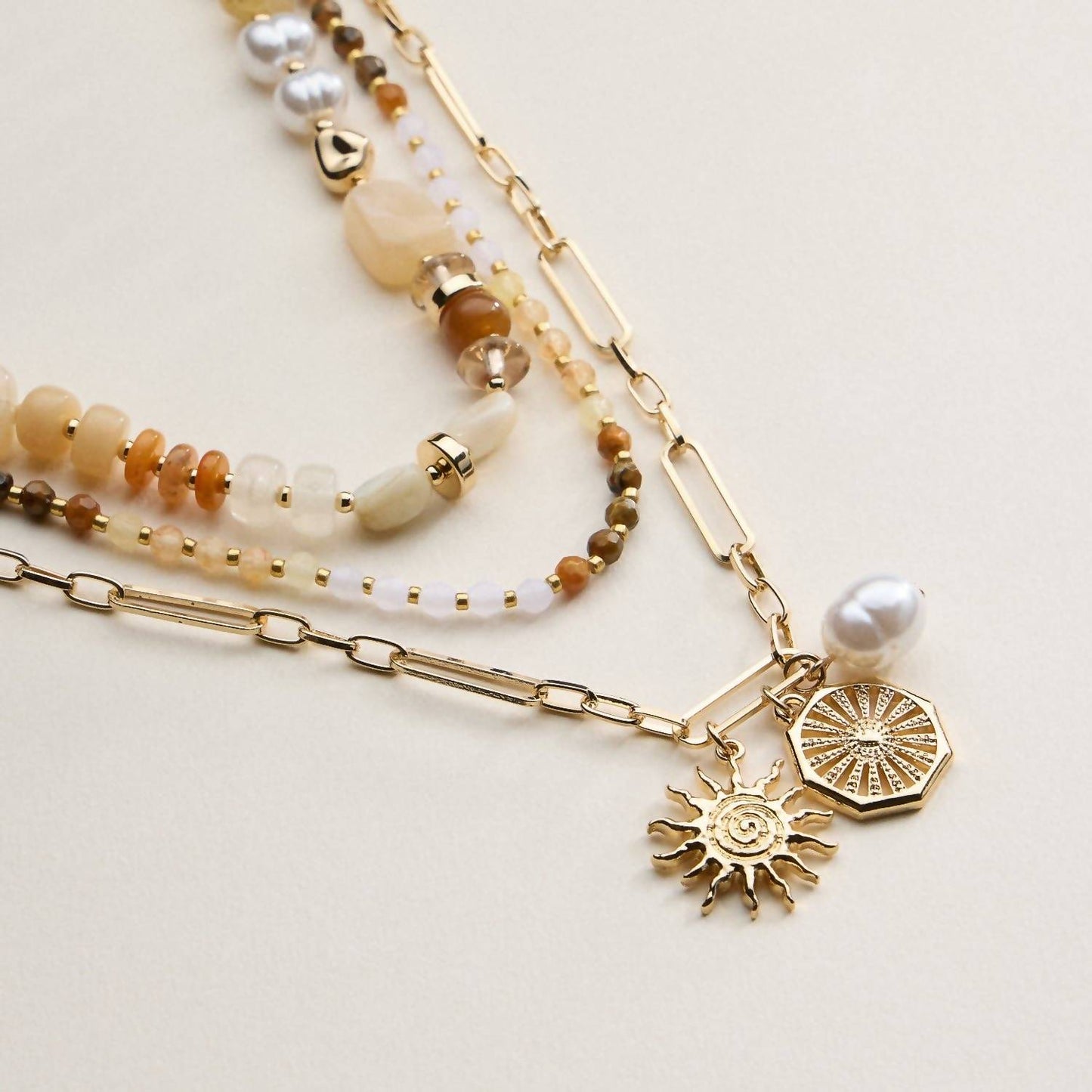 Women's Sun Charm Layered Beaded Necklace