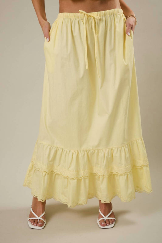Elastic Waist Embroidered Scallop Hem Tiered Maxi Skirt