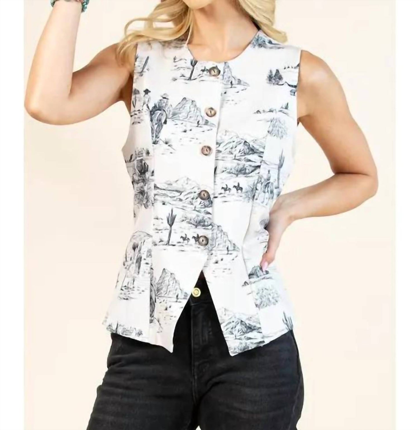 Caroline Western Life Print Button Down Woven Vest