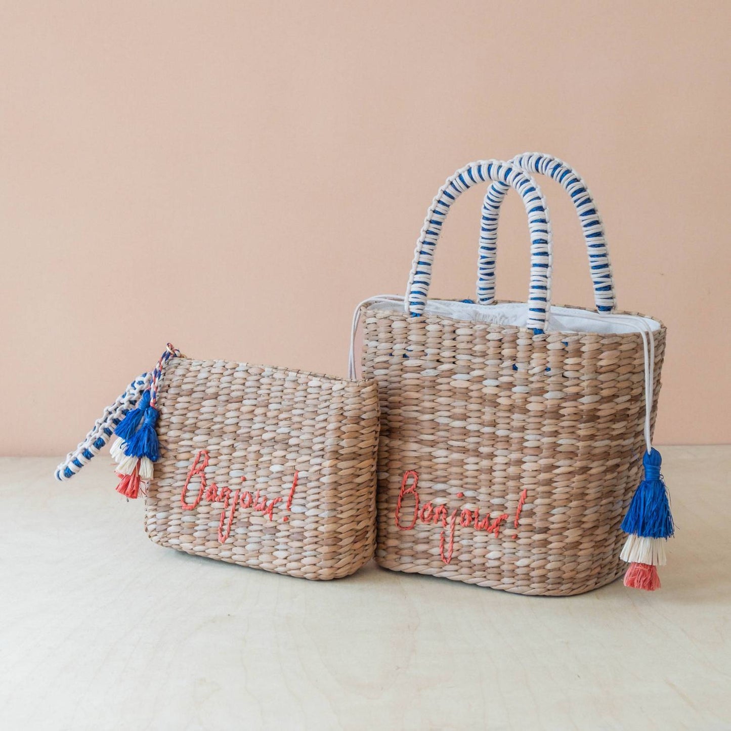 Women's Mini Woven Beach Tote Bag With Embroidered Bonjour