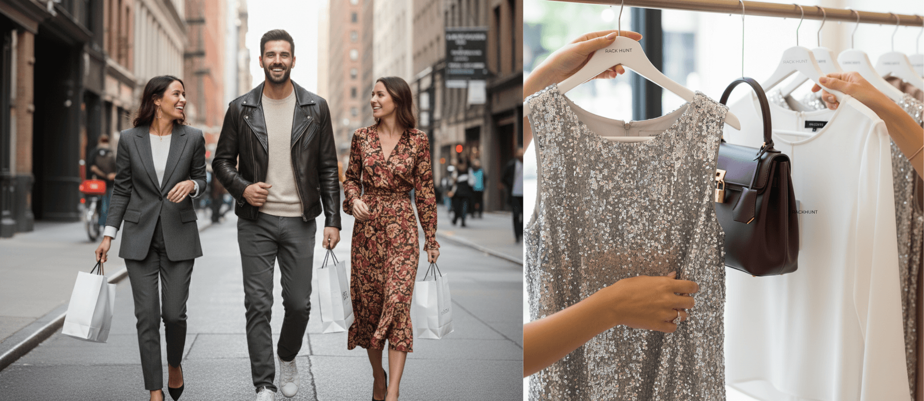 Two people shopping on a city street with a close-up of a dress and handbag.