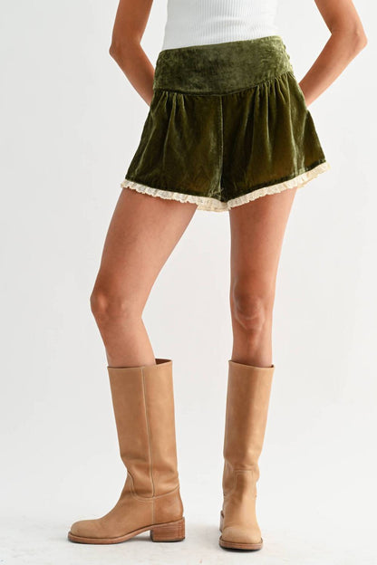 Velvet High-waisted Lace-trimmed Shorts