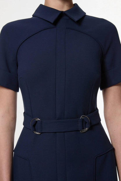 Compact stretch tipped tab detail full skirted midi dress