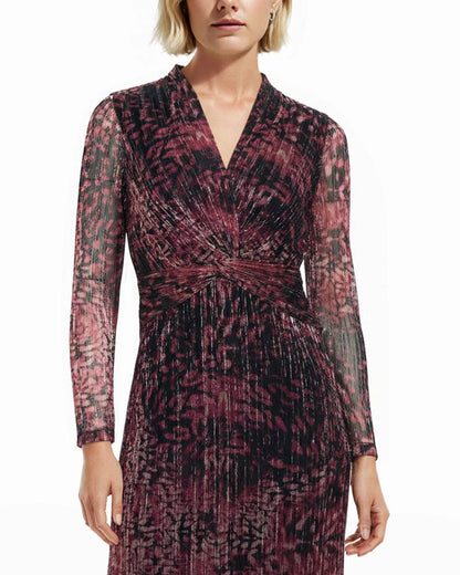 Long Sleeve Twist Front Printed Shine Midi Dress