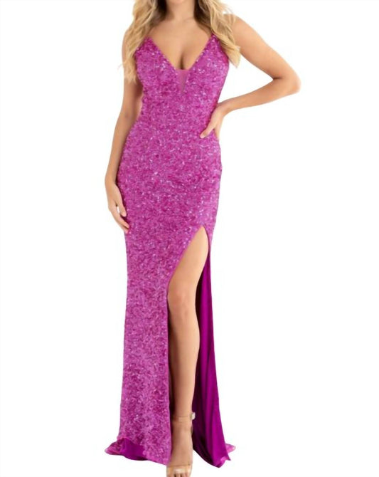 Plunging V-neckline Open Back Sequin Embellished Slit Dress