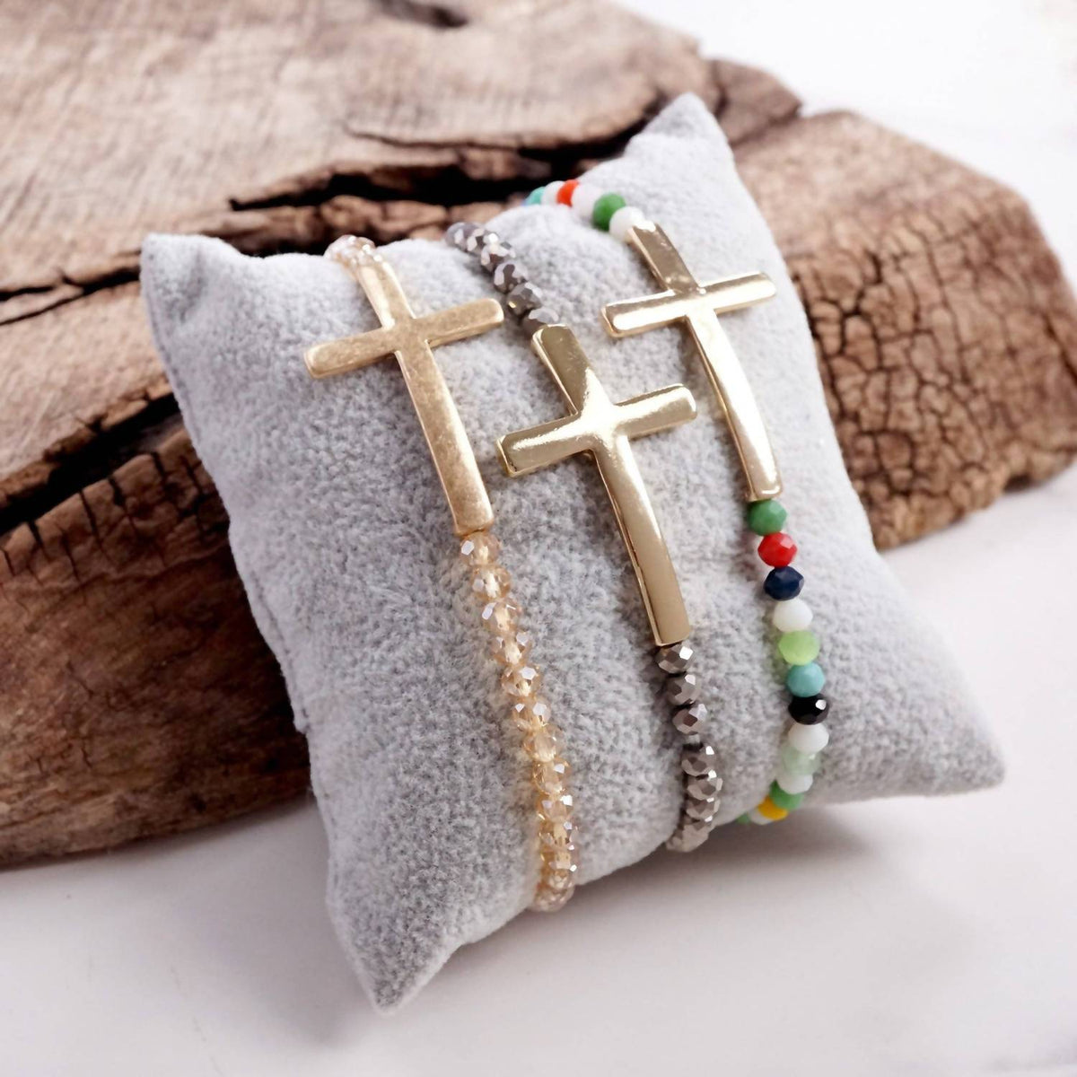 Women's Minimal Sideways Cross Bracelet With Glass Beads
