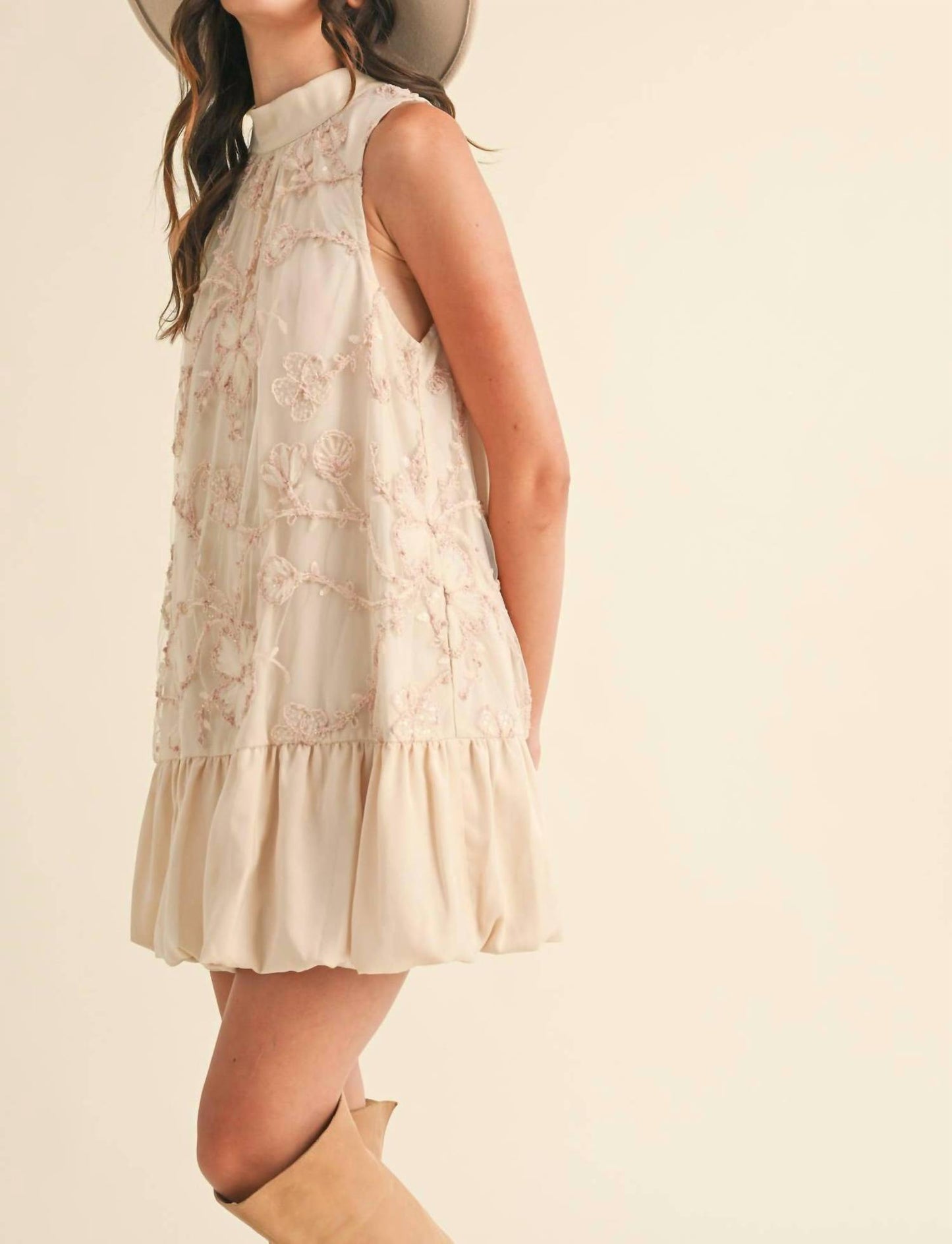 Bubble Hem Embellished Mixed Media Mini Dress