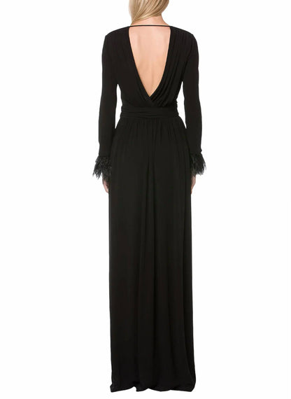 Organza V-Neck Gown with Ostrich Feathers