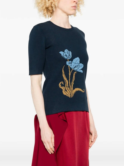 Short Sleeve Floral-motif Knitted Top