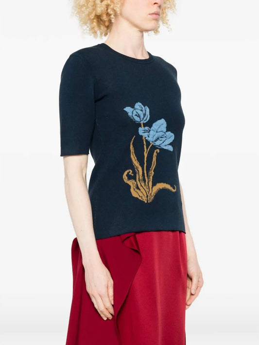 Short Sleeve Floral-motif Knitted Top