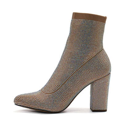 Women's Baybe Rhinestone Block Heel Sock Booties