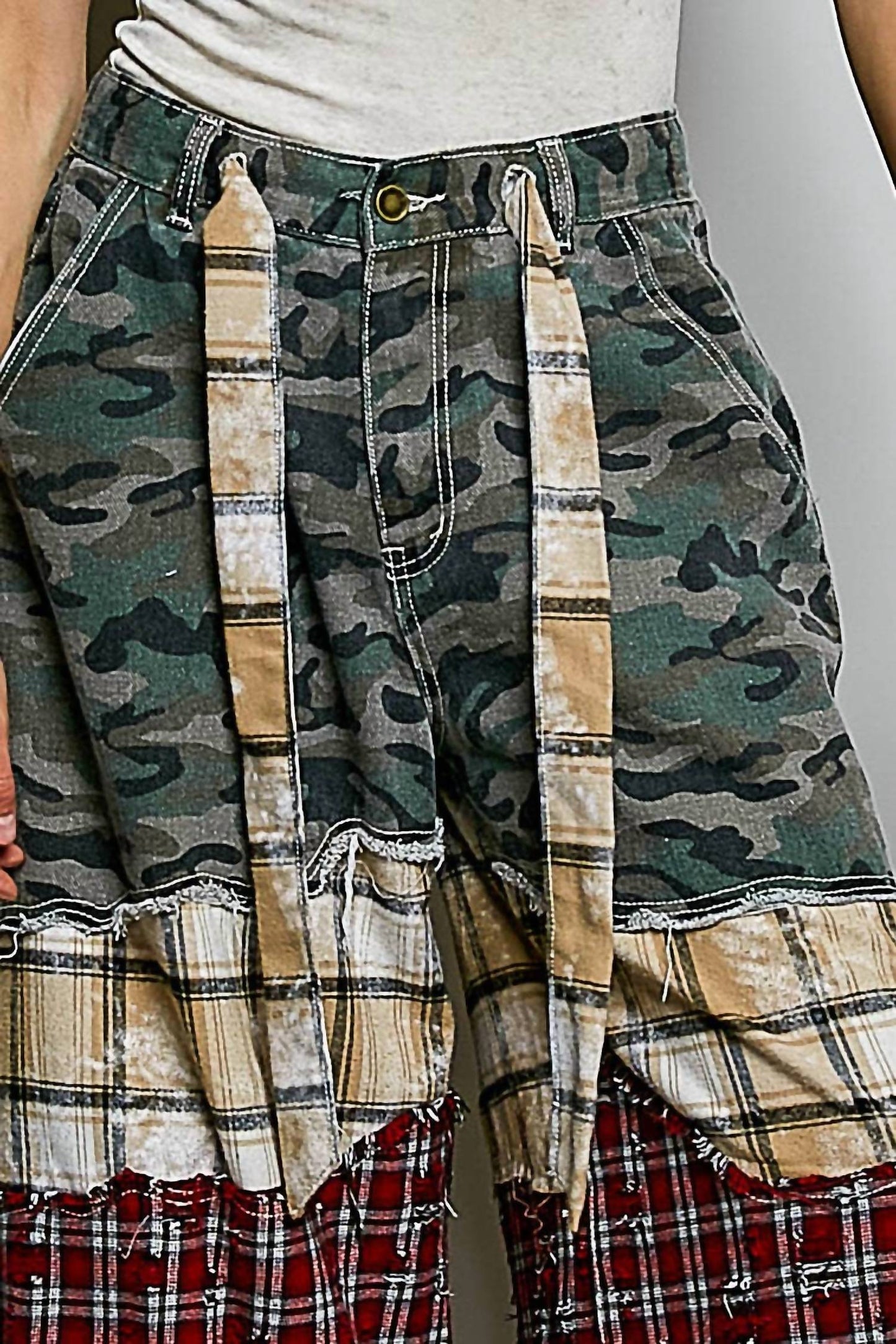 Asymmetrical Patchwork Buckle Back Detail Woven Pants