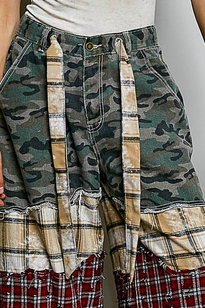 Asymmetrical Patchwork Buckle Back Detail Woven Pants