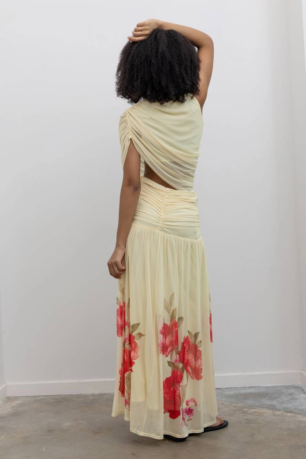 Lemon Floral Hem Draped Maxi Dress