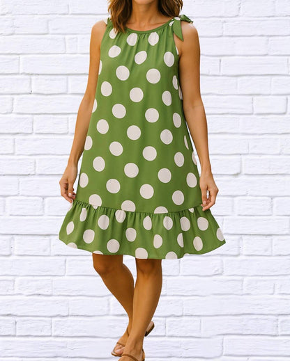 Tie Neck Gauged Trapeze Dress