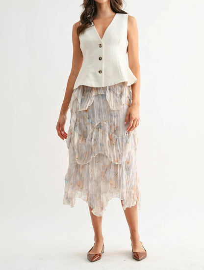 Layered Midi Skirt With Watercolor Floral Print
